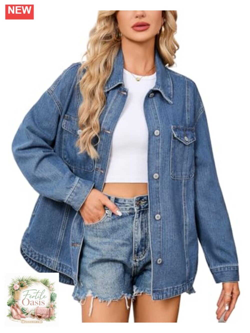 Women's Oversized Denim Jacket Long Sleeve Button Front Cotton Blend Casual